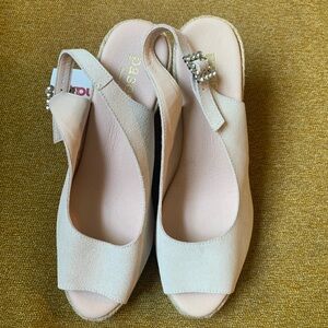 Paseart Leather Pink Taupe Slingback Wedge Sandals Rhinestone Buckle Size 10 41